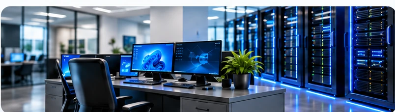 Modern computer workstations beside blue illuminated server racks