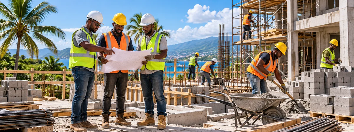 Jamaican construction workers reviewing plans on an active building site