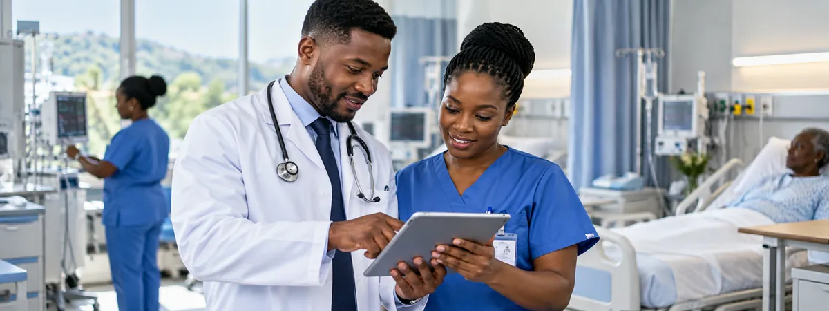 Healthcare team reviewing patient information on a tablet